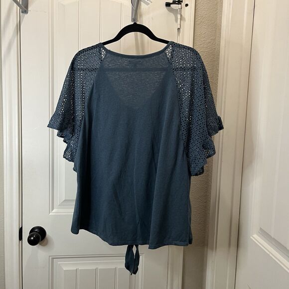 Maurices Blue Wide Crochet Eyelet Sleeve Knot Tie Waist Top Womens Size XXL - Picture 6 of 9